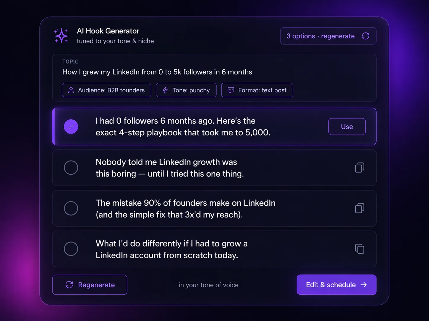 AI hook generator producing multiple LinkedIn hook variants from a topic
